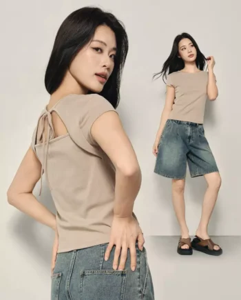 Korea Collection Women's Tie-Back Cut-Out Short Sleeve Tee