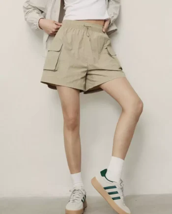 Korea Collection Women's Nylon Cargo Pockets Elastic Waist Shorts